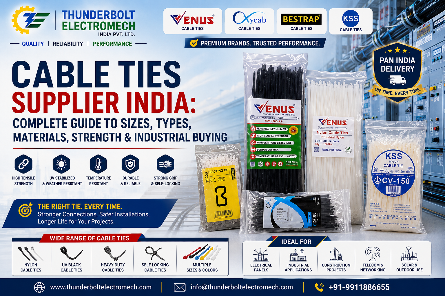Thunderbolt Electromech -Cable Ties Supplier: India Complete Guide to Sizes, Types, Materials, Strength & Industrial Buying