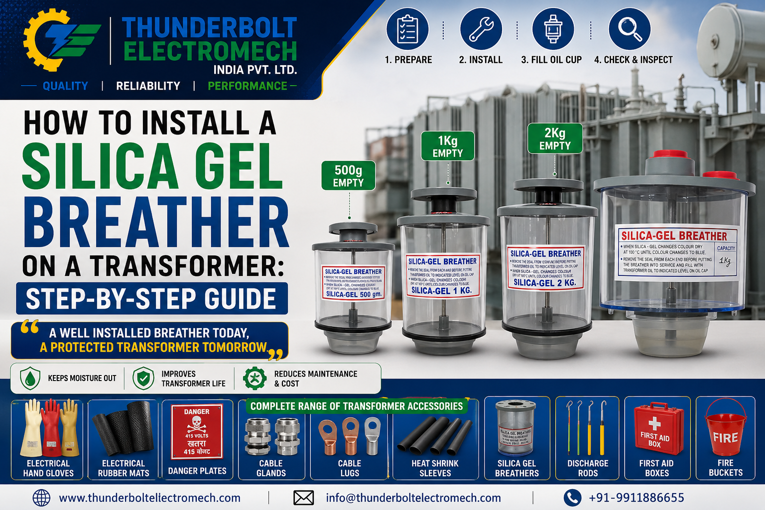 Thunderbolt Electromech India Pvt. Ltd. — Delhi-based Safety Equipment Supplier and Distributor of 500g Empty, 1Kg and 2Kg Empty Silica Gel Breather